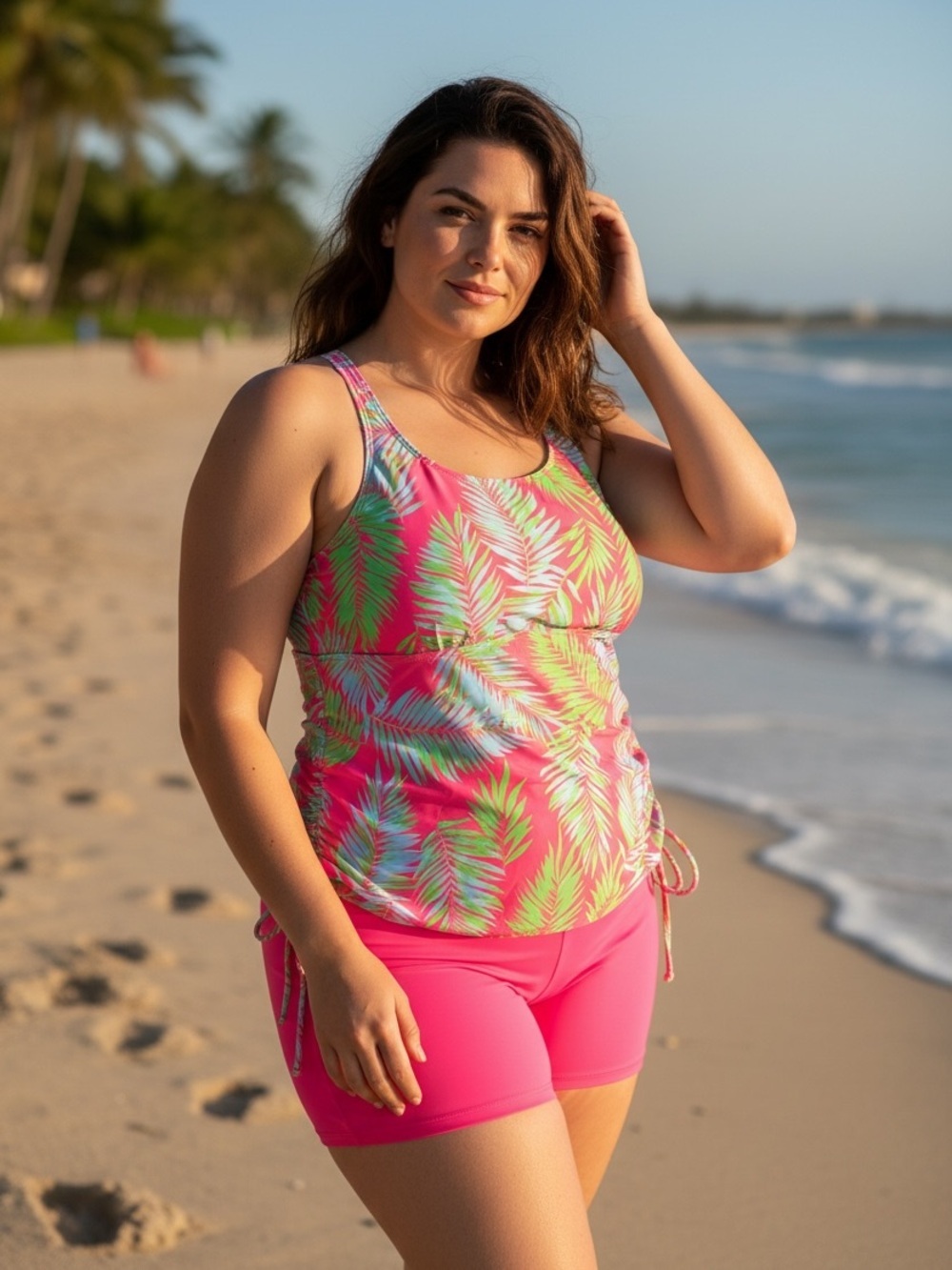 Women’s Pink Tropical Tankini Swimsuit Set L XL Palm Print Top + Swim Shorts